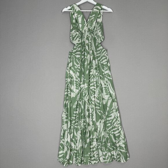 By Anthropologie Dress Womens XS Green Smocked Bandeau Leaf Tropical Cutout Maxi - Picture 5 of 14